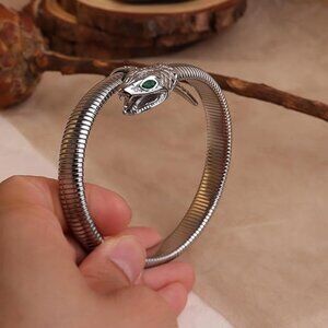 Neiman Marcus Stainless Steel Emerald Eye Snake Bracelet